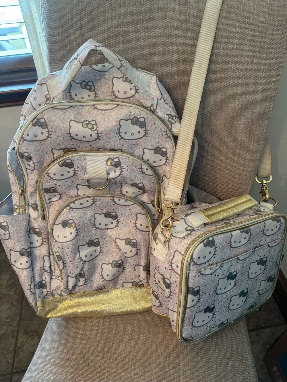 Pottery Barn Teen Hello Kitty Pink and Gold Backpack with Matching Lunch Box